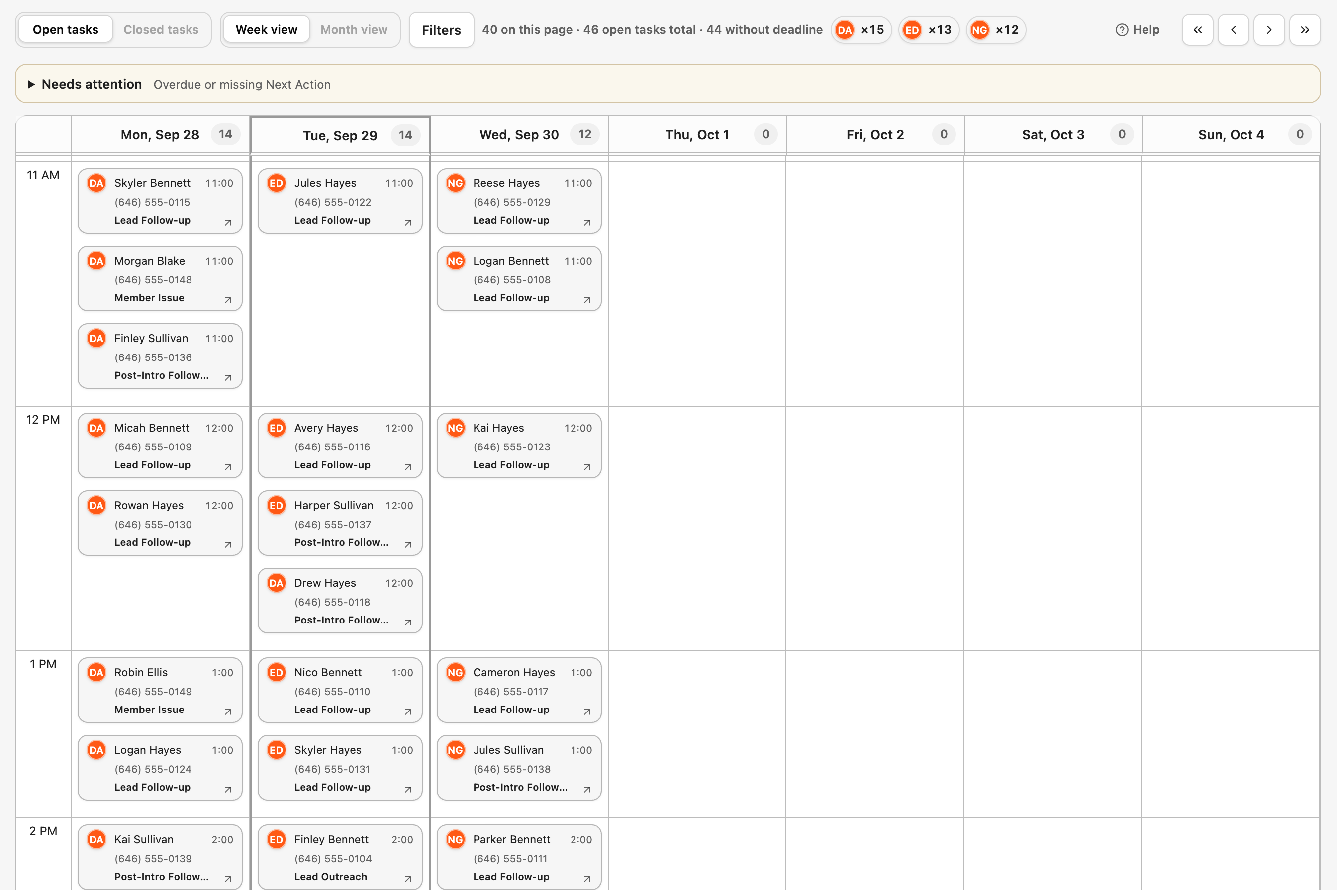 Week calendar of open Tasks, each placed at its next action with the staff member who owns it.