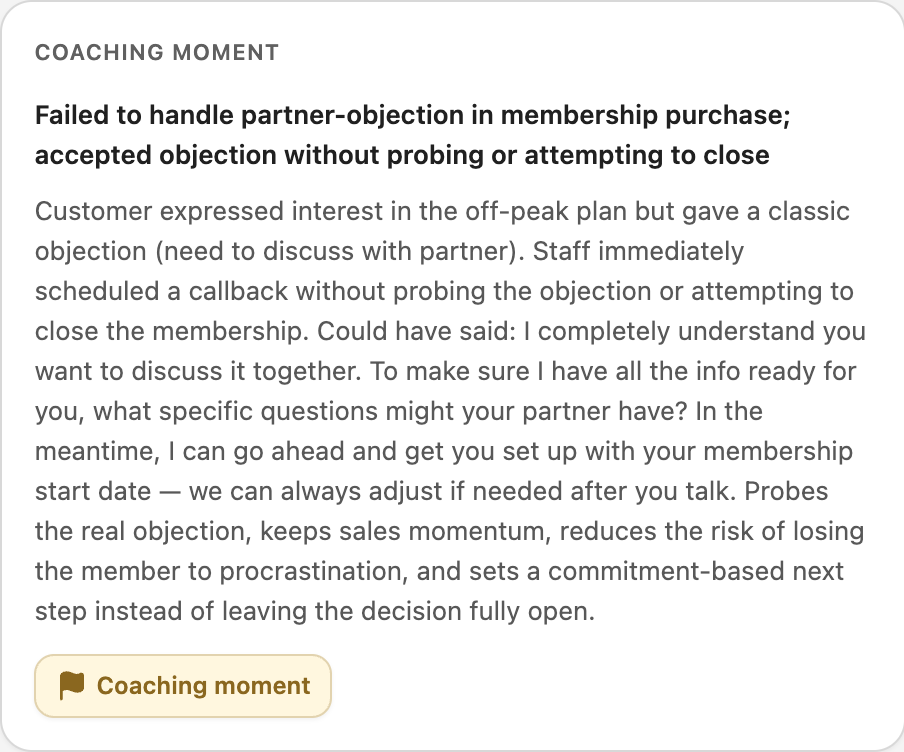 Coaching moment from a recorded call, with what the staff member could have said.