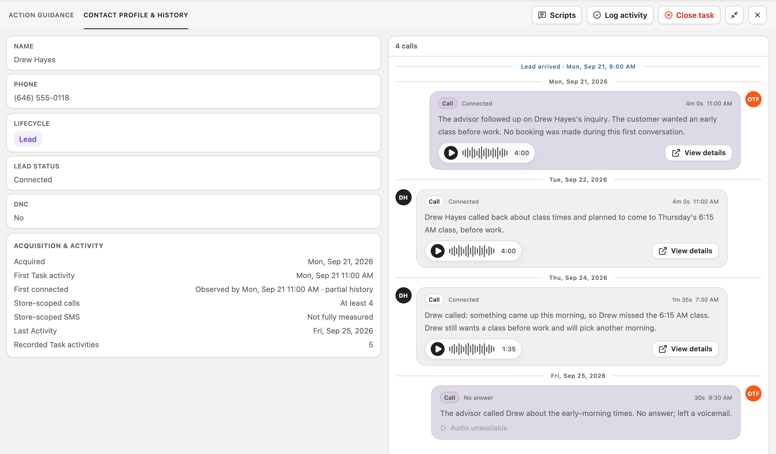 Drew Hayes’s demo contact history: the plan for Thursday’s class, the call when something came up, and a voicemail.